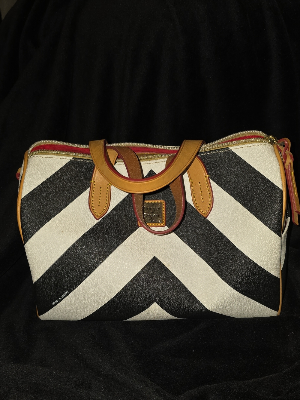 Dooney & Bourke Structured Chevron Satchel Bag - Black & White with Tan Trim